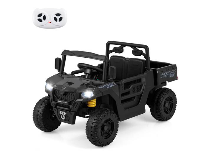 12V Kiepwagen Elektrische Kinderauto met Elektrische Kiepbak Afstandsbediening Muziek Verhalen Led-verlichting en Vering Zwart
