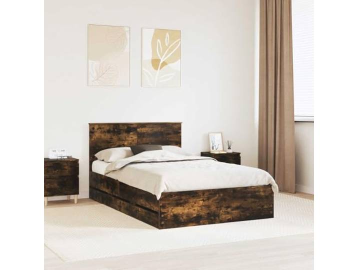 RJPLMFV Bettgestell, 120 x 190 cm, Raucheiche, Holz, Technik Feste Latten, integrierte Geheimaufbewahrung, modernes Design, einfache Reinigung