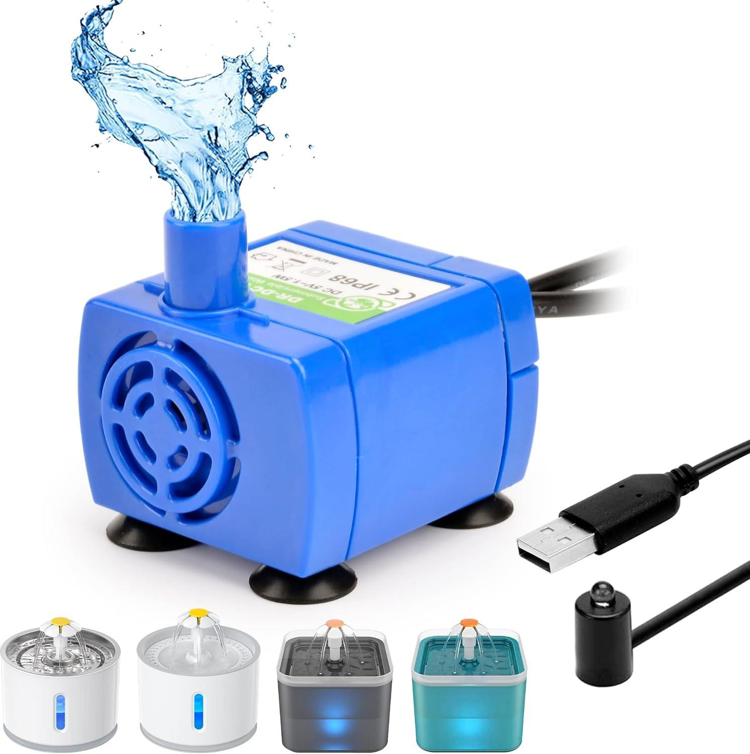 SURIGHT Reservepomp voor kattendrinkfontein - Stille 12V waterpomp met ledlicht voor fonteinen van 2,4 liter