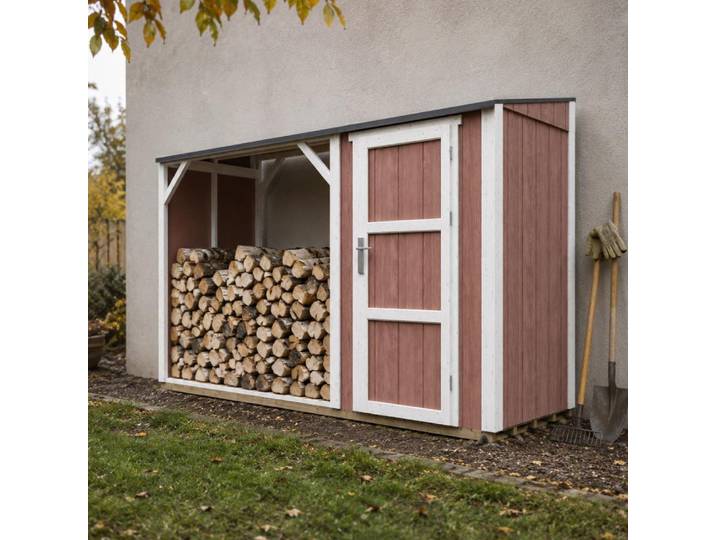 TIMBELA M985-REDWOOD RED Brennholzlager mit geschlossenem Stauraum 4,14 m², Kaminholzunterstand mit Geräteraum