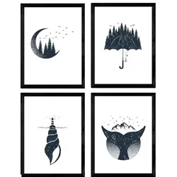 POSTER Set mit 4 Natur im nordischen Stil Wald und Meer in blauweiß A4 Rahmenlos