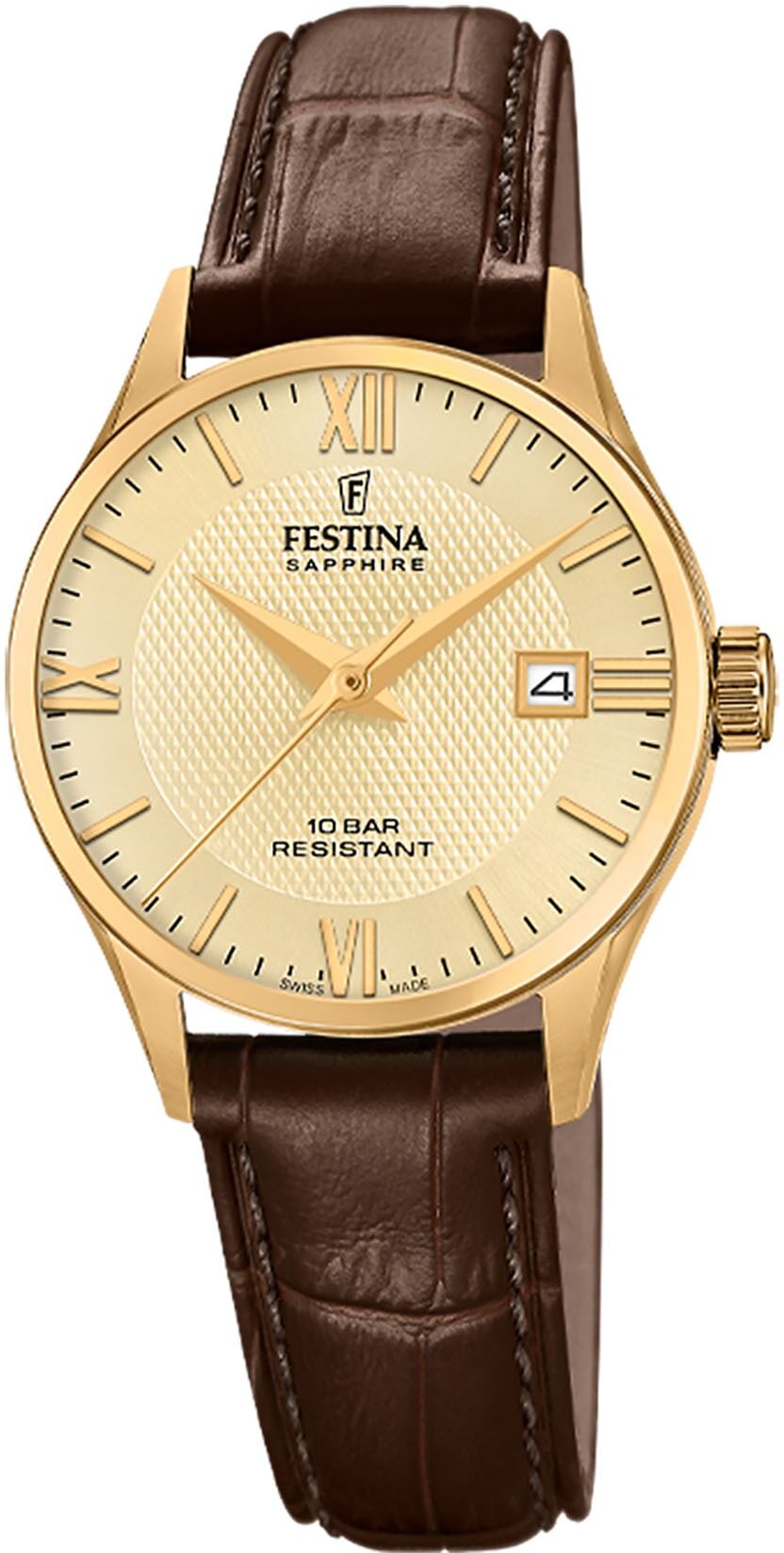 Quarzuhr FESTINA, gold (dunkelbraun), Armbanduhren, Damen, Quarzuhr, Armbanduhr, Damenuhr, Swiss Made, Lederarmband, analog, Datum