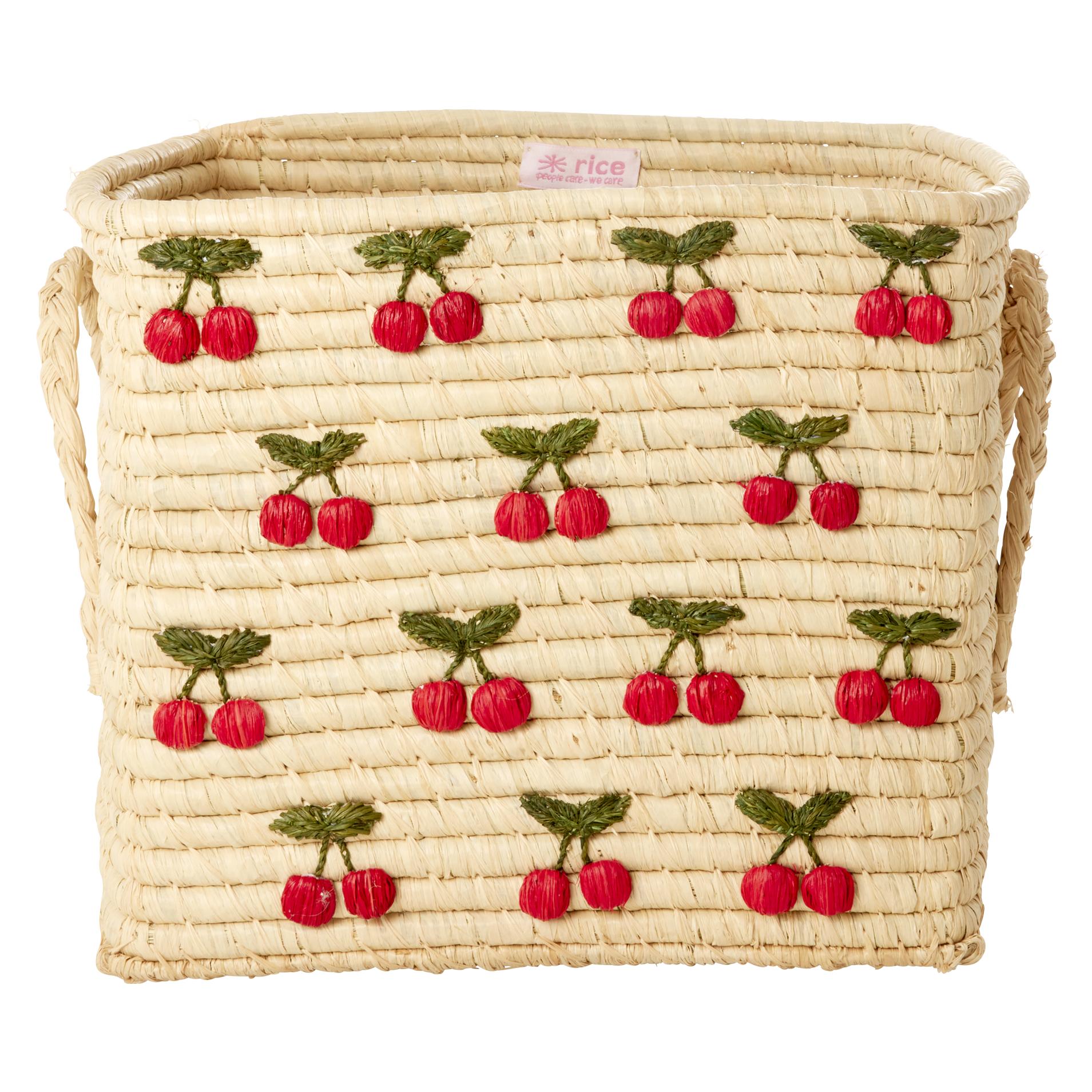 Rice - Raffia Square Basket with Small Cherries Embroidery - Red - 30 cm x 30 cm x 25 cm (BSRAT-30CHER)