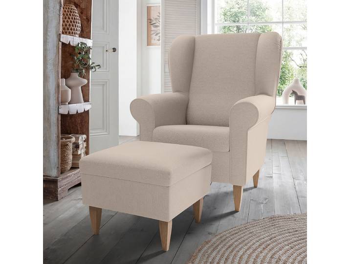 Sessel mit optionalem Hocker Beige Webstoff Fjola mit Hocker