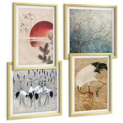 BILDER SET 4er Set - 50x50 cm & 40x60 cm Goldrahmen - Japanische Kraniche Landschaft