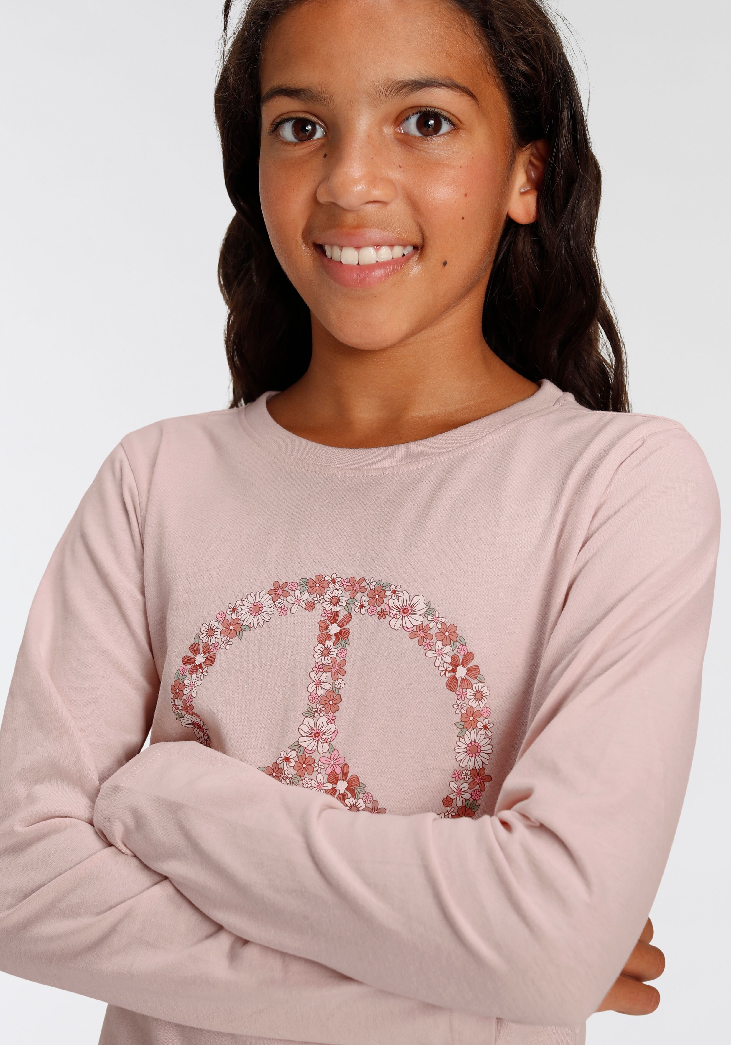 Langarmshirt KIDSWORLD "Peace", Mädchen, Gr. 164/170, rosa, Single Jersey, Obermaterial: 100% Baumwolle, bedruckt, Basic, Rundhals, abgesteppte Kante, Shirts Langarmshirt, Langarm, Basic-Passform, mit Statements/Sprüchen rosa 164/170