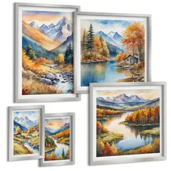 BILDER SET 5er Set - 50x50 cm & 20x30 cm & 40x60 cm Silberner Rahmen - Berglandschaft, Flusshütten