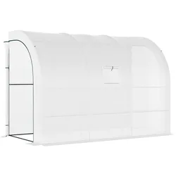 MODFU Anlehn-Foliengewächshaus aus Kunststoff Weiß 300x150x213 cm mit 6 Regalen und aufrollbarem Fenster