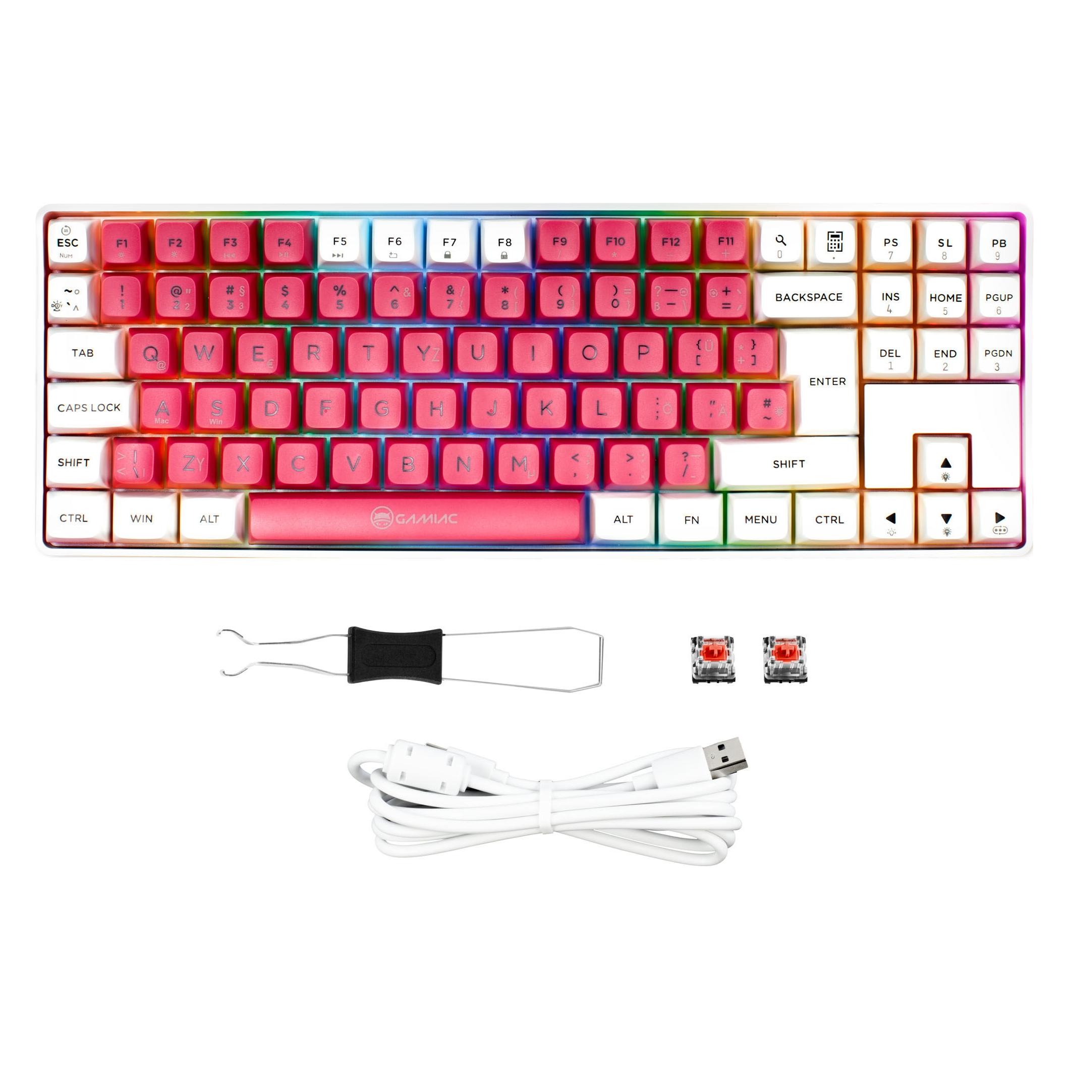 Gamiac TKL90G Gaming Tastatur, Kailh Red Switches, RGB - weiss/rot (DE, Kabelgebunden) (GAKM-G90DW1R.21)