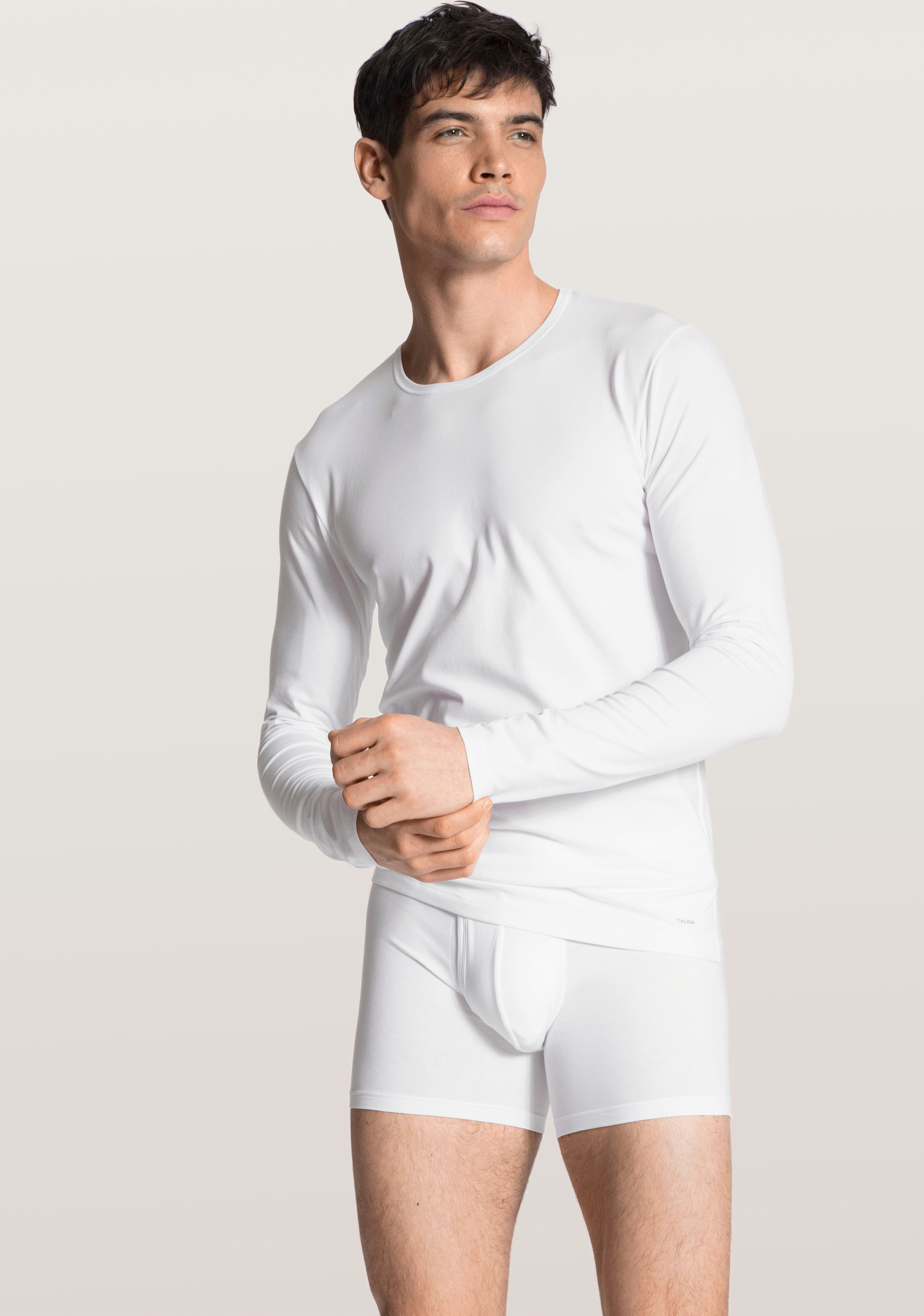 Langarmshirt CALIDA "Cotton Code", Herren, Gr. XL (56), weiss (weiß), Single Jersey, Obermaterial: 95% Baumwolle, 5% Elasthan, unifarben, normal hüftbedeckend, Rundhals, gerader Abschluss, Shirts Langarmshirt, Rundhals-Ausschnitt, Single Jersey, formstabi
