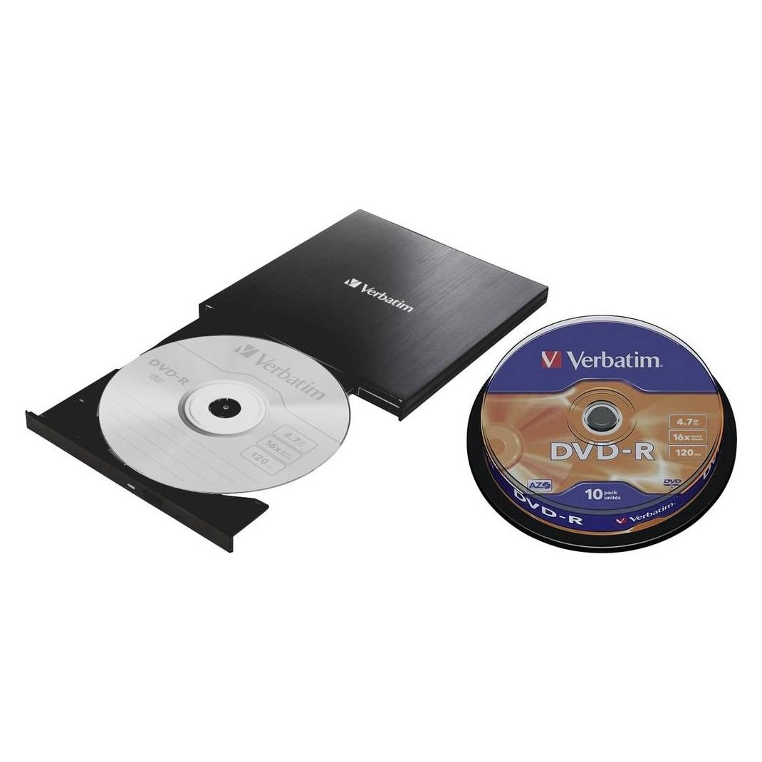 Verbatim Externer Slimline CD/DVD-Brenner + DVD-R 4,7GB 16x Silver Matt 10er Spindel (CD Brenner, DVD Brenner) (4064161311340)
