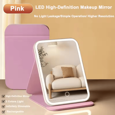 Inspire Curations Rechargeable LED Travel Makeup Mirror With 3 Color Lighting pink