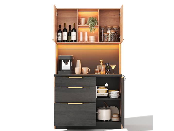 Evryae Buffet Moderner LED Hochschrank mit Arbeitsplatte, USB Steckdose, Stauraum Mdf, Naturfarben, Schwarz, 2 Fächer, 3 Schubladen, Rechteckig, 100x180x40 cm, Esszimmer, Anrichten, Buffetschränke