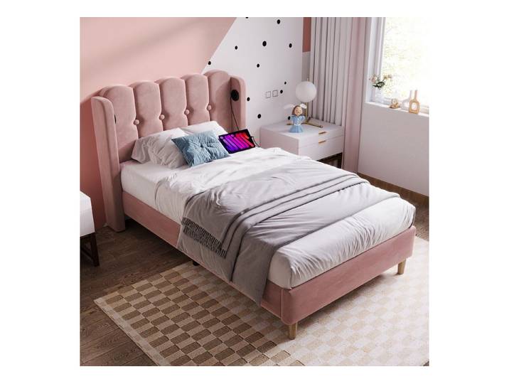 Flieks Polsterbett, Holzbett Einzelbett mit USB/Typ-C Ladeanschlüsse 90x200cm rosa Samt