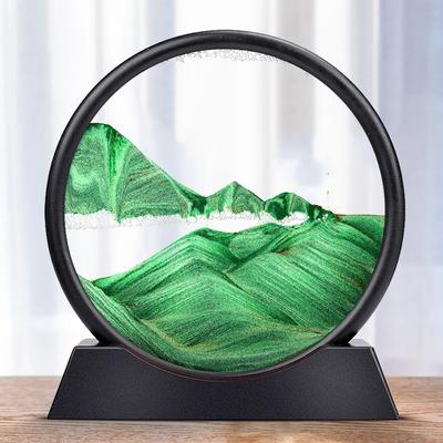 Inspired Living "Deep Sea Moving Sand Art Picture Round Glass 3D Sandscape In Motion Frame (7"" 12"") green 7 Inch"