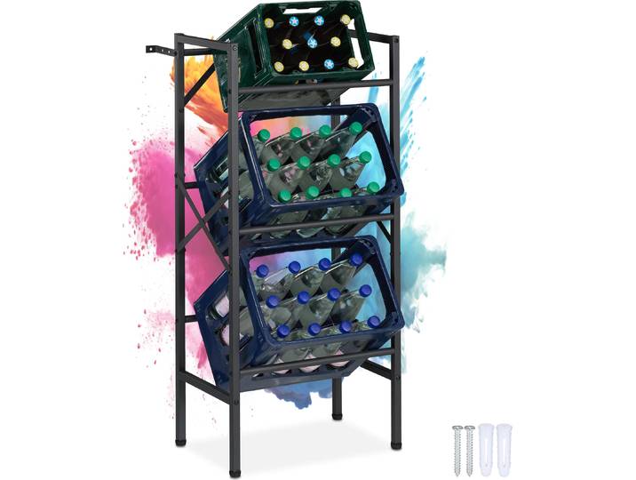 Relaxdays Getränkekistenregal, HxBxT: 109x49x32 cm, 450 kg, 3 Kisten, Stahl, Getränkekistenständer, Kistenregal, schwarz