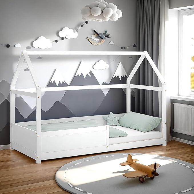 Kinderbett Hausbett 90x200 mit Matratze, Schutz & Lattenrost