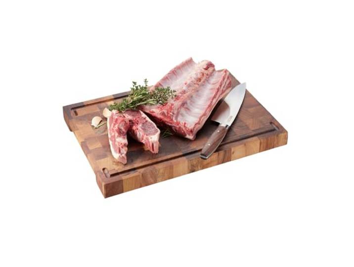 GEFU Hackblock ENNO - Massives Schneidebrett aus Walnussholz, Stirnholz Extrem Belastbares Holzbrett mit Saftrille, Griffmulden und Antirutschfüßen, 4 cm Dickes Profi-Küchenbrett