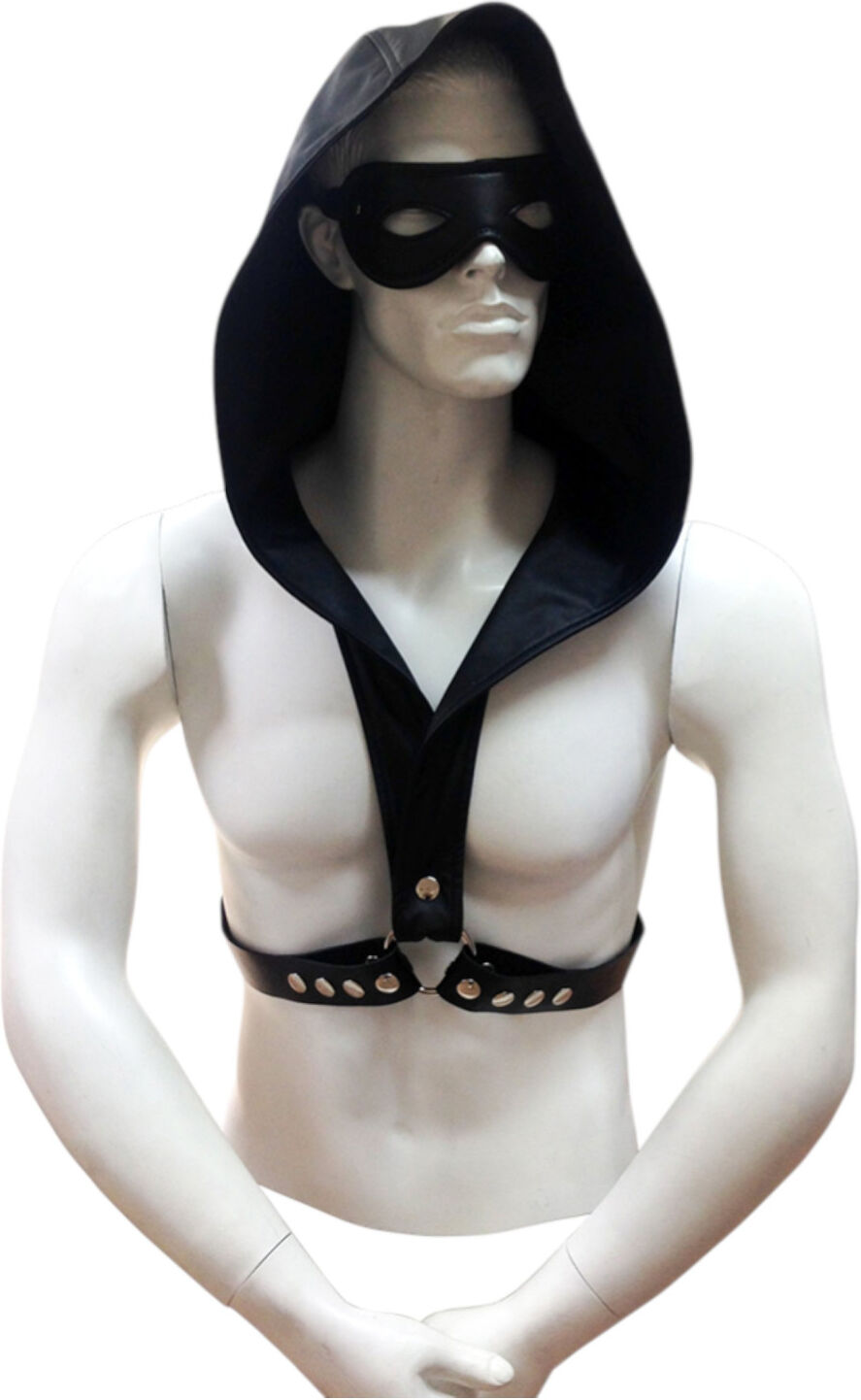Rouge - hooded BDSM harness in premium faux leather (black)