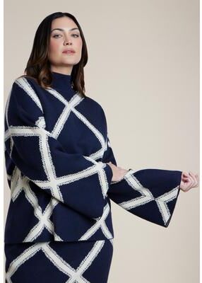 Plus Size Women's Mock Neck Intarsia Sweater by ELOQUII in Navy/white Grid (Size 22/24)