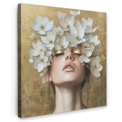 LEINWANDBILD Gesicht - Blumen - Gold - Abstrakt Deko Groß 90x90 cm