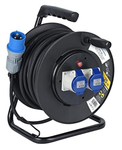 Electraline 49049 rubberen verlengkabel met kabelhaspel, 25 m, 2 IEC-industriële stopcontacten, 3-polige CEE-stekker, zwart/blauw