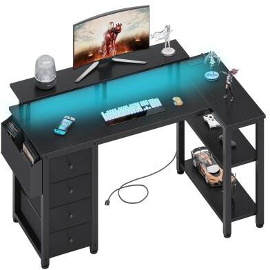 No L Shaped Computer Desk with Fabric Corner Home Office Desk with Monitor Stand Shelves