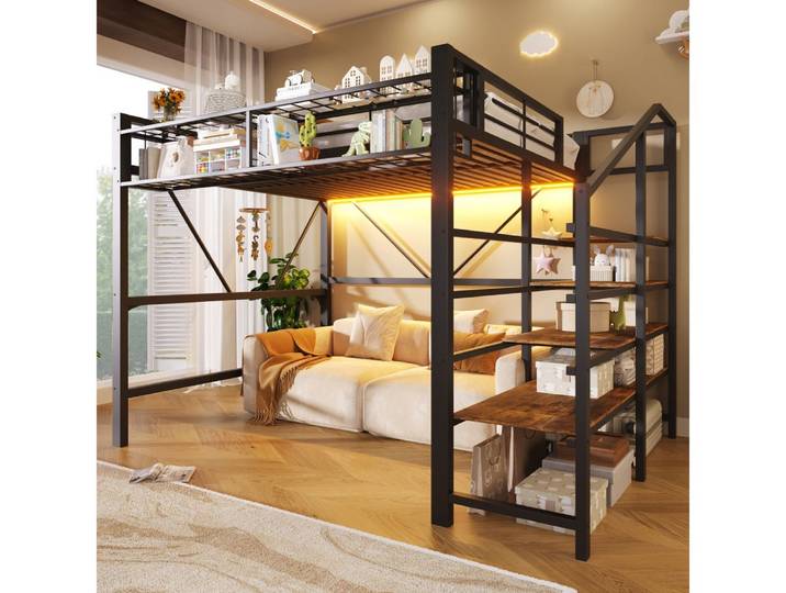 BBWL Hochbett mit LED-Licht, Stufenregal, Aufbewahrungskorb, Gitterelementen Hochbett Metall 140x200 cm mit flexiblem Stauraum