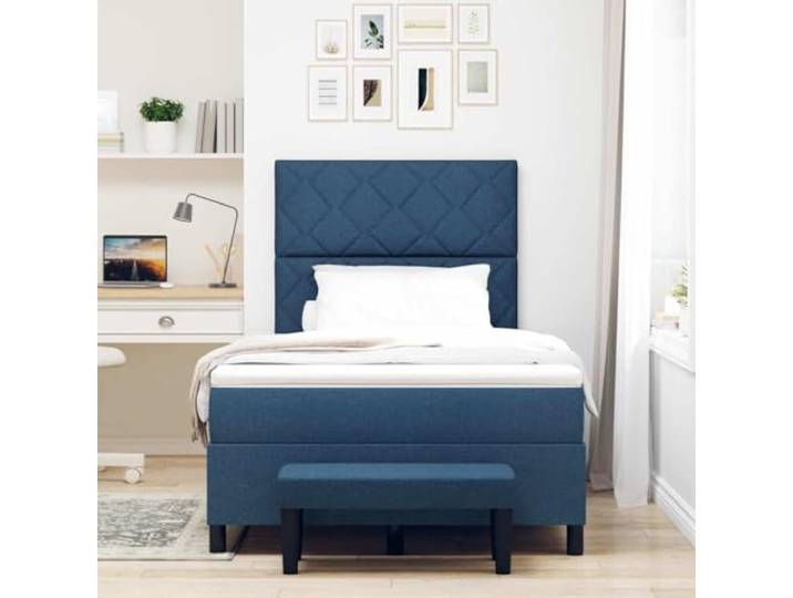 KTHLBRH Boxspringbett blau 120 x 190 cm mit verstellbarem Kopfteil Struktur aus Holz, mittlere Matratze, atmungsaktiver Stoff, 280 kg