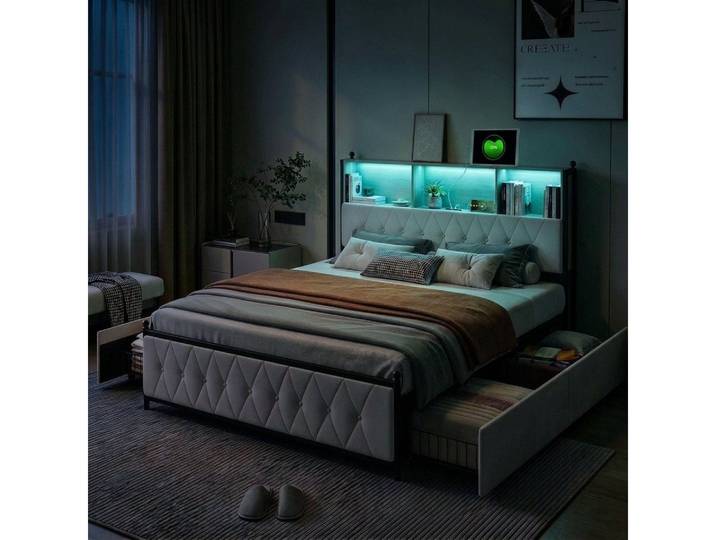 NMCXXO Polsterbett Doppelbett 180x200 mit LED Licht und Ladefunktion (Mit Lattenrost und Ladefunktion, Samtmaterial Stauraumbett), Modernes Jugendbett, mit Bettrahmen und 4 Schubladen, Samt, 160x200cm