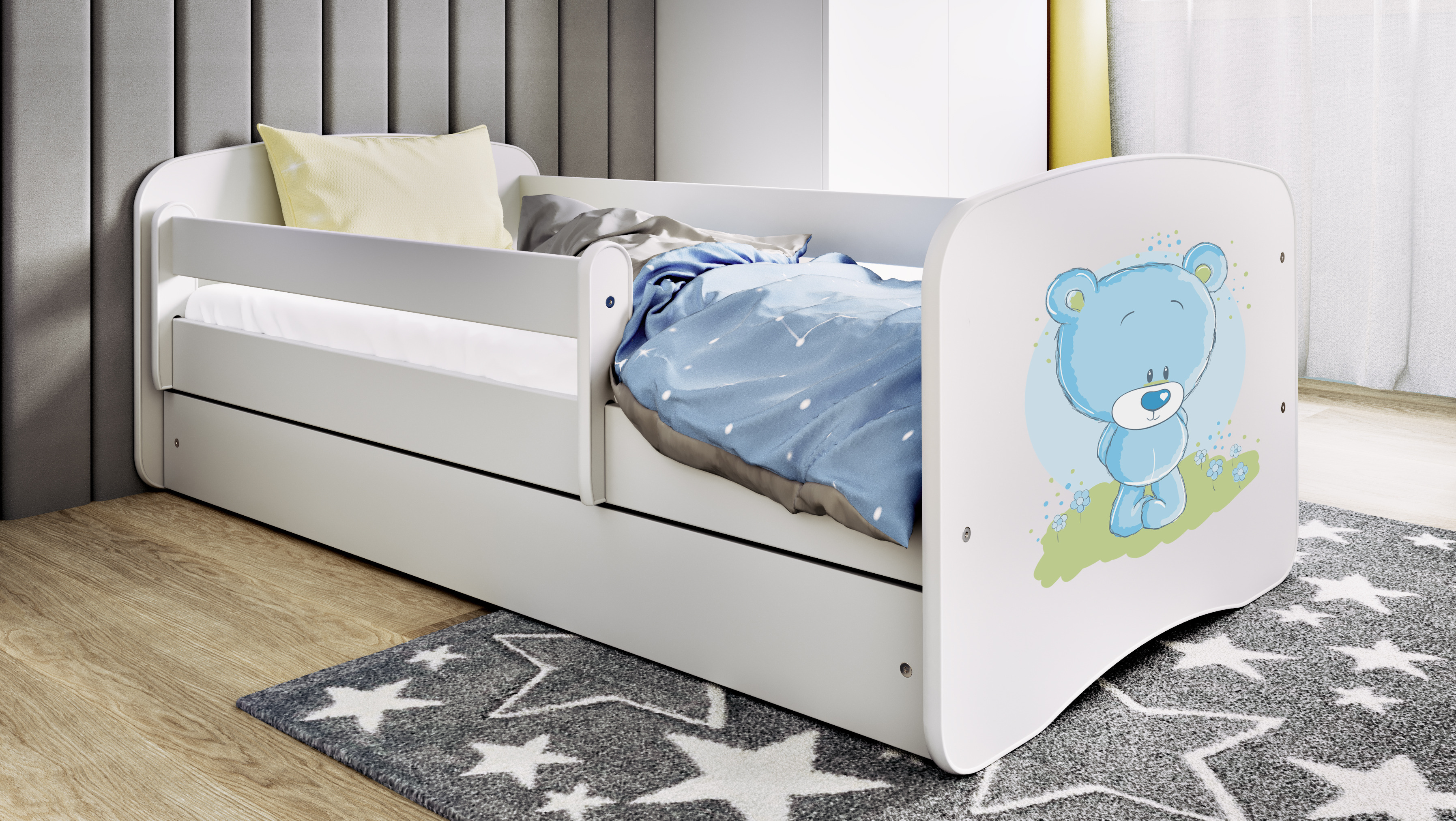 Kinderbett Jugendbett blauer Teddybär Blumen 70x140, 80x160, 80x180 cm - Komplettset mit Schublade & Rausfallschutz