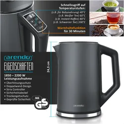 Arendo Frühstücks Set, Wasserkocher 1,5l Temperaturwahl, 2-Scheiben Toaster & Eierkocher für 3 Eier, Grau, Eierkocher, Grau