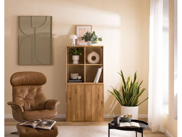 Massives Regal mit Türen offen Massivholz Wildeiche, geölt Braun 74 x 148 x 35cm