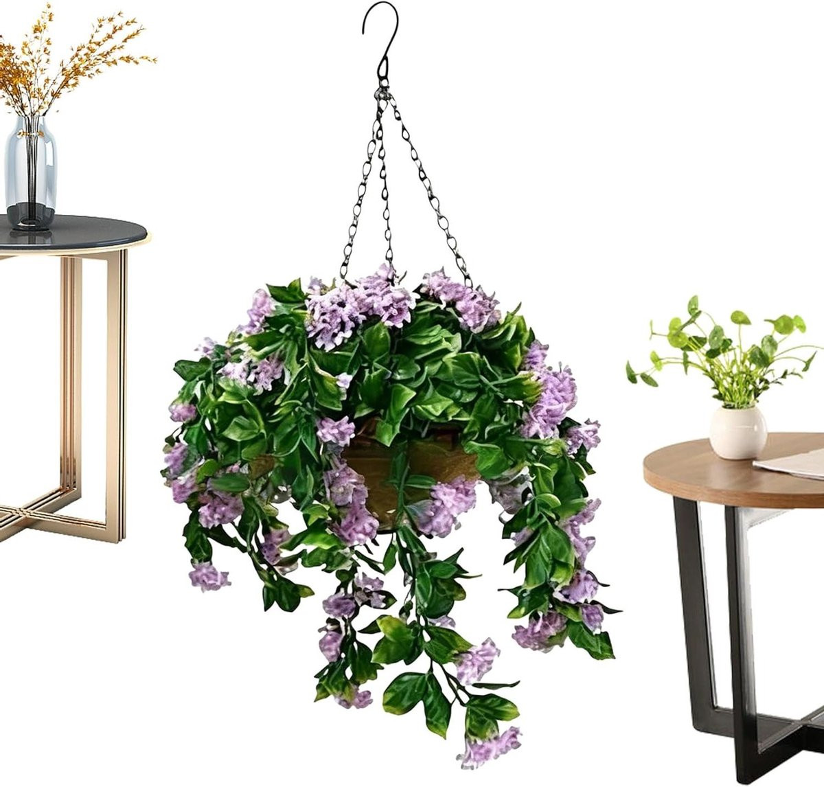 Kunst hangmand met decoratieve groene plant in lila, Hoogte: 40 cm