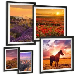 BILDER SET 5er Set - 50x50 cm & 20x30 cm & 40x60 cm Schwarzer Rahmen - Berglandschaft Rosslavendel