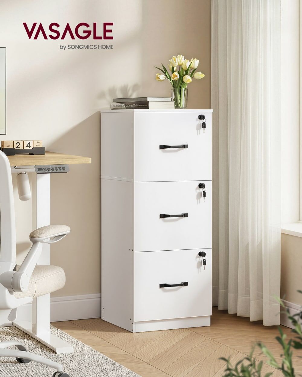VASAGLE Meuble de bureau avec 3 verrouillables blanc Blanc 41x103x40cm