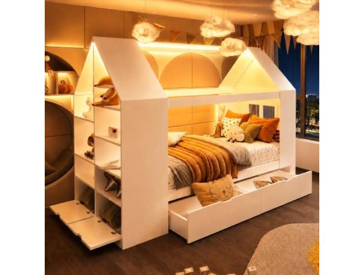 DUlVBPE Kinderbett 90 * 200cm, Hausförmiges Design,mit Zwei Schubladen,mit LED, mit Stauraum,Multifunktionsbett,Geeignet für Kinder, Jugendliche,Weiß