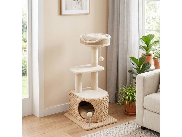 PawHut Arbre à Chat Moderne 4 Niveaux Massette Jute 87cm Beige
