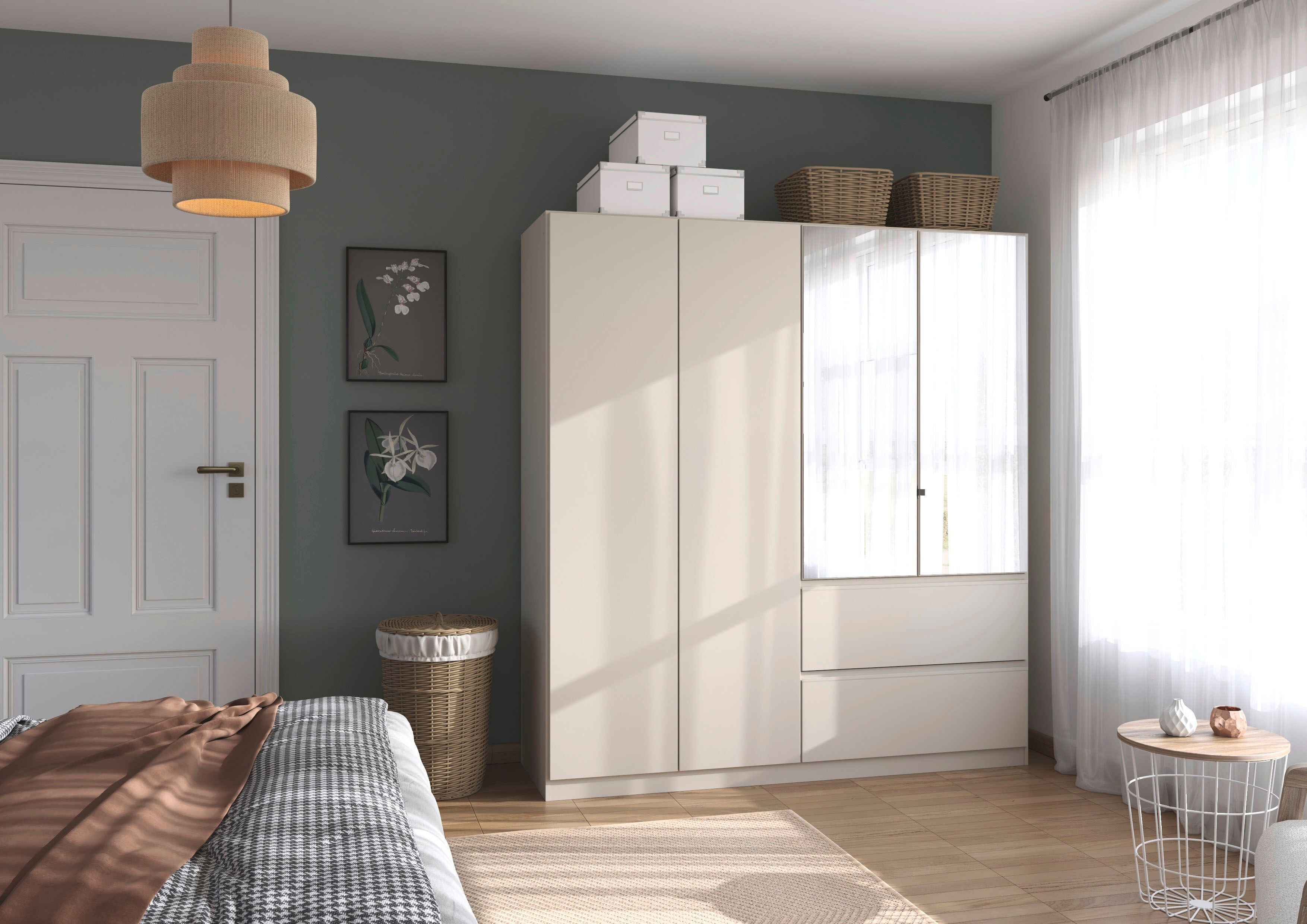 Drehtürenschrank RAUCH "Kleiderschrank Schrank Garderobe COSTA in den Breiten 91/136/181 cm", beige (beige (champagner), eingriffe beige (champagner)), B:181cm H:197cm T:54cm, Holzwerkstoff, Schränke, Drehtürenschrank, mit Spiegel, grifflose Front und Pus