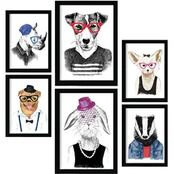 POSTER Set Mit 6 Edle Tiere Im Farbenfrohen Handgezeichneten Stil Weißer A3 & A4 Rahmenlos