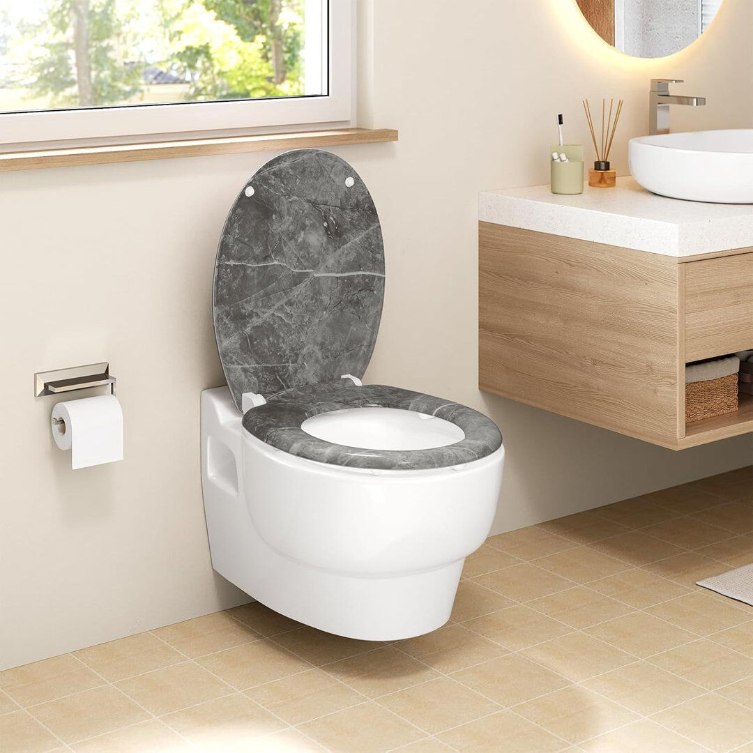 Canora Grey Duroplast Toilet Seat, Soft Close, Strong & Durable, O-Shaped, Scratch Resistant, Quick Release & Adjustable Hinges, Universal Fit, 175kg Max, Rustpro Gray 37.7cm W X 45.2cm D