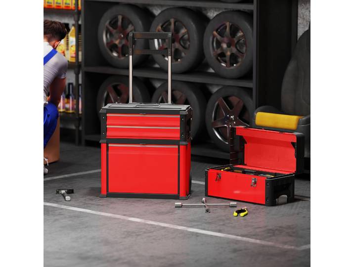 HOMCOM Lot 3 Boîtes à Outils Roulettes Acier Rouge Serrure