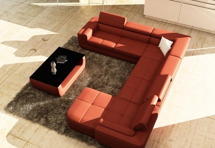 Polster Ledersofa Sofa + USB Wohnlandschaft U-Form XXL Big Orange Couch Ecksofa