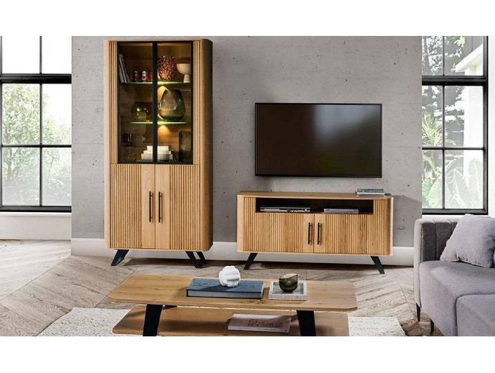 JVmoebel Wohnwand Wohnzimmer 2tlg Vitrine Holzmöbel TV Lowboard Luxuriöses Modern, (Vitrine/TV-Lowboard)
