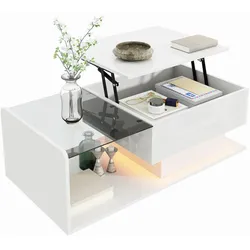 Höhenverstellbarer Couchtisch 120x60x45 cm in Hochglanz Weiß mit Glasplatte, LED-Beleuchtung und Stauraum
