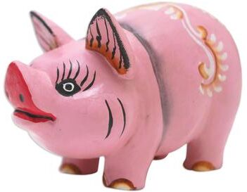 Novica Handmade Fashionable Piggy Wood Figurine
