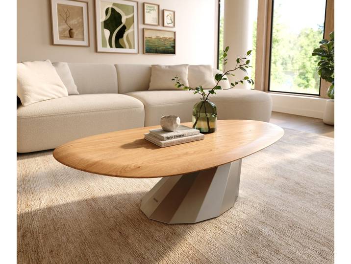 Couchtisch Edge Oval 140x75 cm Eiche Natur Runde Kante Parabi Edelstahl gebürstet, Couchtische