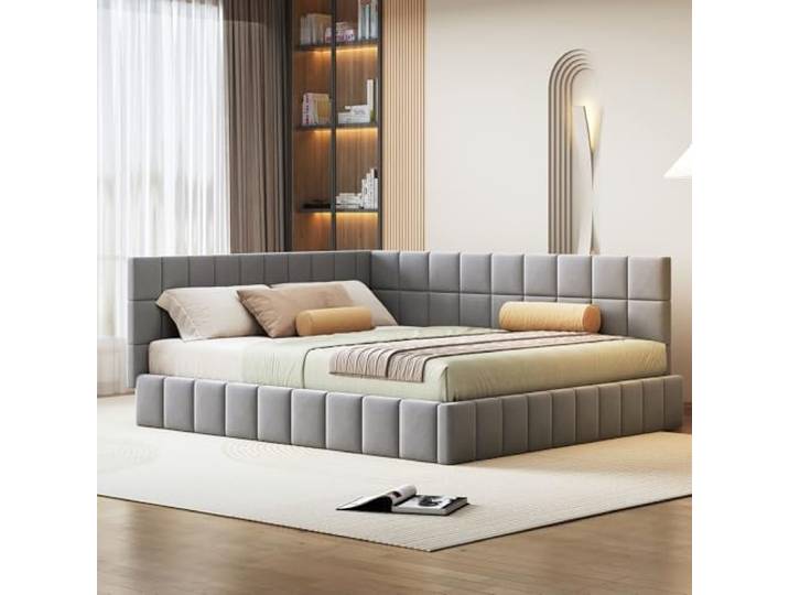 Merax Schlafcouch 160 x 200 cm, Multifonctionnel Couch Bett mit Lattenrost, Samtstoff, Grau (Ohne Matratze)