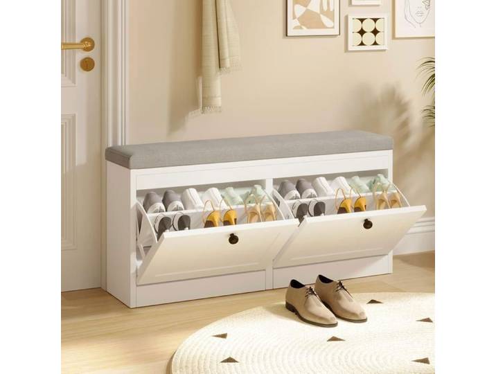 Meuble à Chaussures - VOWNER -Meuble d'entrée Rangement pour Chaussures - Banc de Rangement à Chaussures - 105 x 31 x 52 cm - Blanc