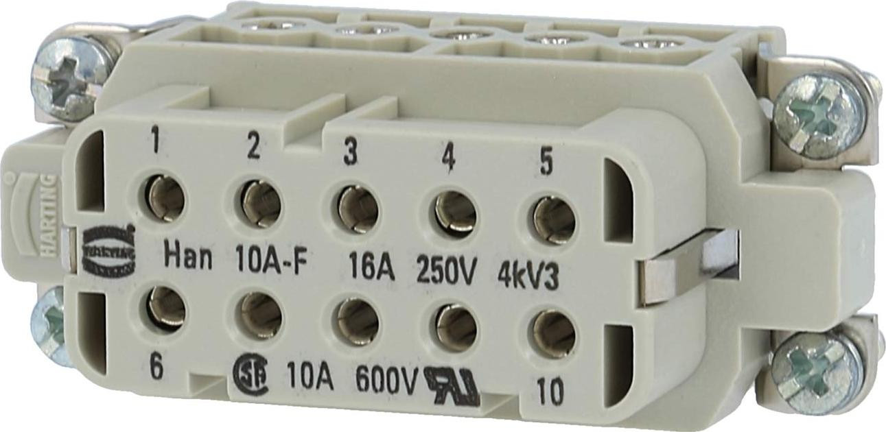 Harting Han 10A busseinsatz (F) met schroefklem, 10-polig + PE, 250V, 16A